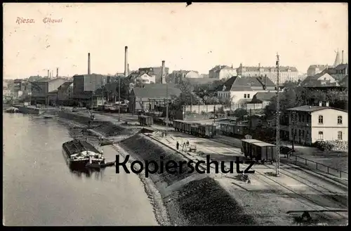 ALTE POSTKARTE RIESA ELBQUAI KAI ELBE FRACHTSCHIFF SCHIFF WAGGONS ZUG WAGGON SCHIENE FRACHT cargo AK postcard cpa