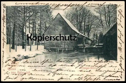 ALTE POSTKARTE GRUSS AUS GÜTERSLOH BRÜNINGS MÜHLE IM WINTER 1901 SCHNEE snow mill AK Ansichtskarte postcard cpa