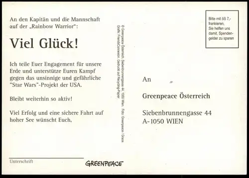 ÄLTERE POSTKARTE SEGELSCHIFF RAINBOW WARRIOR GEGEN STAR WARS USA GREENPEACE ÖSTERREICH Schiff Segelboot ship bateau cpa