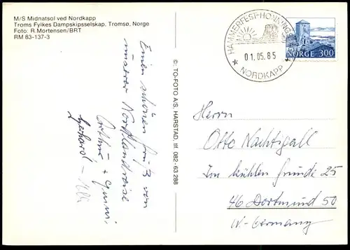 ÄLTERE POSTKARTE MS M/S MIDNATSOL VED NORDKAPP Dampfer Troms Fylkes Dampskipsselskap Tromsö Norge Schiff Motorschiff
