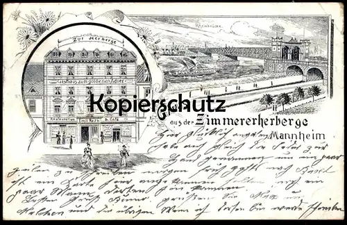 ALTE LITHO POSTKARTE MANNHEIM GRUSS AUS DER ZIMMERERHERBERGE ZUR HERBERGE ZIMMERER ZUM GOLDENEN ADLER AK cpa postcard