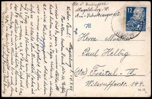 ALTE POSTKARTE MAGDEBURG BREITER WEG SEIDE AUSVERKAUF STRASSENBAHN TRAM Werbung Orion tramway Ansichtskarte postcard
