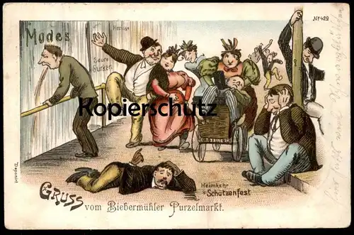 ALTE LITHO POSTKARTE GRUSS VOM BIEBERMÜHLER PURZELMARKT ALKOHOL ERBRECHEN BIEBERMÜHLE DONSIEDERS RODALBEN cpa postcard