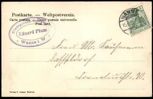 ALTE POSTKARTE WANNE PARTIE AUS DEM KAISERGARTEN STEMPEL STADTGARTEN RESTAURANT EDUARD PLUM Herne Eickel Ansichtskarte