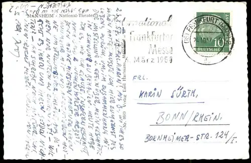 ÄLTERE POSTKARTE MANNHEIM NATIONAL-THEATER STRASSENBAHN LINIE 4 VW KÄFER LKW lorry truck pickup AK cpa postcard