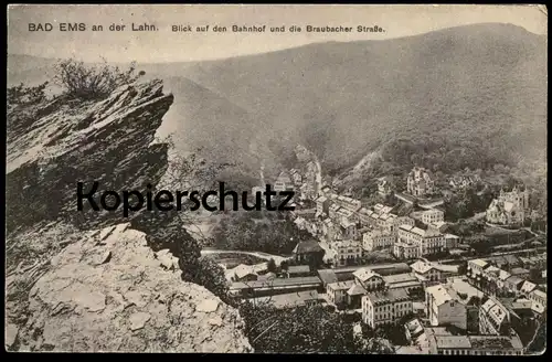 ALTE POSTKARTE BAD EMS BLICK AUF DEN BAHNHOF UND DIE BRAUBACHER STRASSE PANORAMA station gare Ansichtskarte cpa postcard