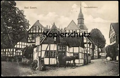 ALTE POSTKARTE BAD ESSEN BAHNHOFSTRASSE PFERD HOLZSCHUHE HEUBODEN SCHILD CONDITOREI A. HÖGER cpa postcard Ansichtskarte