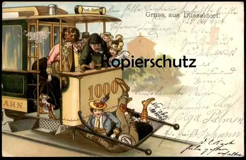 ALTE POSTKARTE GRUSS AUS DÜSSELDORF STRASSENBAHN ZOOLOGISCHER GARTEN FUSSGÄNGER HUMOR Tram Ansichtskarte postcard cpa