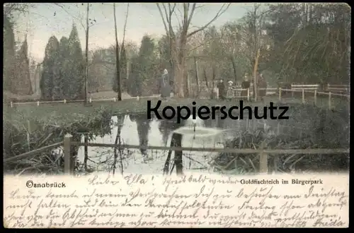 ALTE POSTKARTE OSNABRÜCK GOLDFISCHTEICH IM BÜRGERPARK 1903 Uniform Polizist Familie uniforme Ansichtskarte cpa postcard