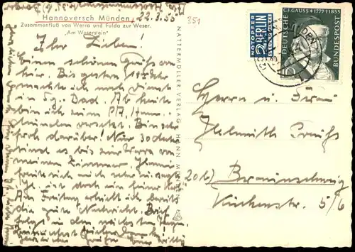 ÄLTERE POSTKARTE HANNOVERSCH MÜNDEN ZUSAMMENFLUSS VON WERRA UND FULDA ZUR WESER AM WASSERSTEIN Hann. postcard cpa AK