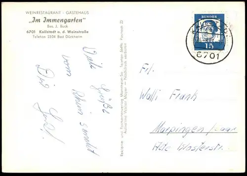 ÄLTERE POSTKARTE KALLSTADT WEINSTRASSE WEINRESTAURANT IM IMMENGARTEN SONNENUHR sundial cadran solaire Freinsheim