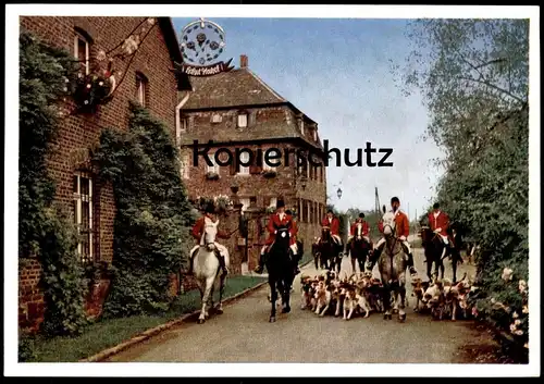 ÄLTERE POSTKARTE JAGD HUBERTUSJAGD JÄGER HUNDE PFERDE HOFGUT NEUHOF C. SCHUMACHER NEU-ISENBURG Beagle ? hunting chasseur
