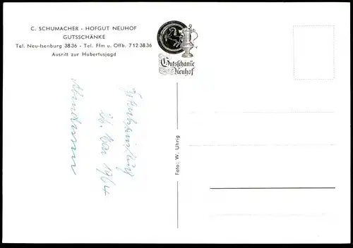 ÄLTERE POSTKARTE JAGD HUBERTUSJAGD JÄGER HUNDE PFERDE HOFGUT NEUHOF C. SCHUMACHER NEU-ISENBURG Beagle ? hunting chasseur