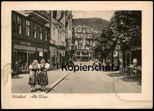 ALTE POSTKARTE KARLSBAD ALTE WIESE 1944 TRACHT BEFLAGGUNG JOSEF ... Karlovy Vary Ceska Republika Personen cpa AK
