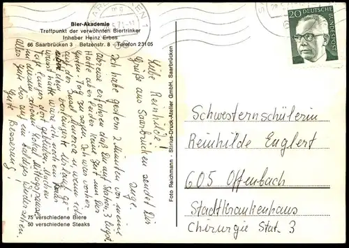 ÄLTERE POSTKARTE SAARBRÜCKEN BIER-AKADEMIE INHABER HEINZ ERBES BETZENSTRASSE 8 beer academy Ansichtskarte cpa postcard