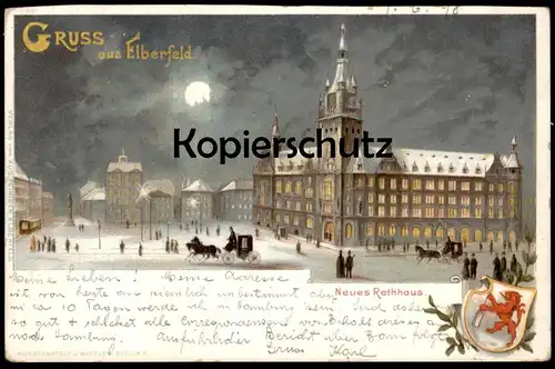 ALTE WINTER LITHO POSTKARTE GRUSS AUS ELBERFELD NEUES RATHHAUS KUTSCHE SCHNEE RATHAUS WUPPERTAL Ansichtskarte postcard