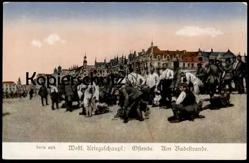 ALTE POSTKARTE OSTENDE AM BADESTRANDE WESTLICHER KRIEGSSCHAUPLATZ Badestrand Strand plage beach Oostende Militär cpa AK