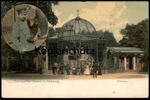 ALTE POSTKARTE ZOOLOGISCHER GARTEN HAMBURG AFFENHAUS WÄRTER ZOO AFFE ape singe monkey Tier animal cpa postcard AK