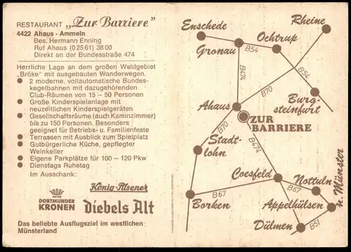 ÄLTERE KARTE AHAUS AMMELN RESTAURANT ZUR BARRIERE BESITZER HERMANN ENNING AN DER B474 DIEBELS BIER Karte Rheine Borken