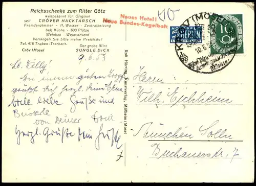 ÄLTERE POSTKARTE CRÖV REICHSSCHENKE RITTER GÖTZ TELEFON TRABEN-TRARBACH KRÖV LKW Auto car truck lorry oldtimer postcard