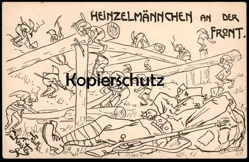 ALTE KÜNSTLER POSTKARTE HEINZELMÄNNCHEN AN DER FRONT WELTKRIEG SCHLAFENDER SOLDAT RUDOLF KRISTEN Zwerg dwarf AK postcard