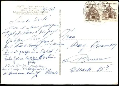 ÄLTERE POSTKARTE ALF MOSEL HOTEL ZUM ANKER BESITZER H. JACKEL FERNRUF BULLAY VW KÄFER VOLKSWAGEN OPEL postcard cpa AK