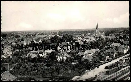 ÄLTERE POSTKARTE LINGEN EMSLAND PANORAMA MIT BAHNHOF ZUG GÜTERWAGGON WAGGONS station gare AK Ansichtskarte postcard cpa