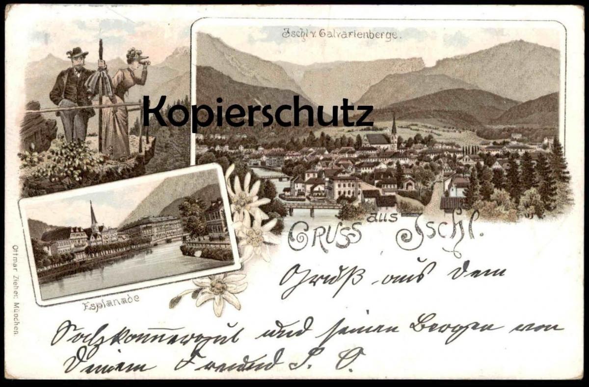 Alte Litho Postkarte Gruss Aus Ischl Vom Calvarienberge Esplanade