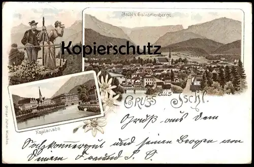 ALTE LITHO POSTKARTE GRUSS AUS ISCHL VOM CALVARIENBERGE ESPLANADE TRACHT OBERÖSTERREICH Bad Ischl Österreich AK postcard