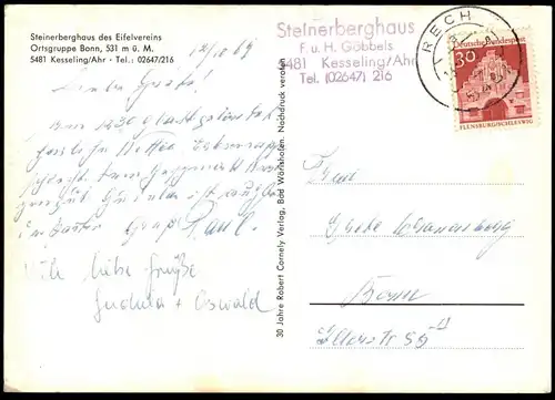 ÄLTERE POSTKARTE KESSELING STEINBERGHAUS DES EIFELVEREINS ORTSGRUPPE BONN VW KÄFER VOLKSWAGEN ALTENAHR AHRTAL postcard