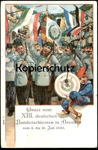 ALTE POSTKARTE DRESDEN GRUSS VOM XIII. DEUTSCHEN BUNDESSCHIESSEN 1900 Zielscheibe Ziel Schützen Ansichtskarte postcard