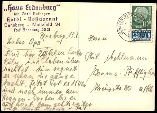 ÄLTERE POSTKARTE BENSBERG MOITZFELD HAUS ERDENBURG INHABER GERD KOLHAGEN BERGISCH GLADBACH Ansichtskarte postcard cpa AK