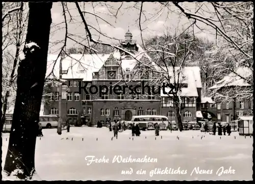 ÄLTERE POSTKARTE BERGISCH GLADBACH RATHAUS IM SCHNEE WINTER FROHE WEIHNACHTEN & EIN GLÜCKLICHES NEUES JAHR OMNIBUS BUS