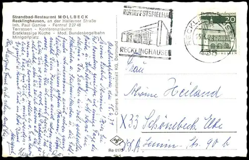 ALTE POSTKARTE RECKLINGHAUSEN STRANDBAD MOLLBECK INHABER PAUL GAMKE LIBELLA ERFRISCHUNG WERBUNG Ansichtskarte postcard