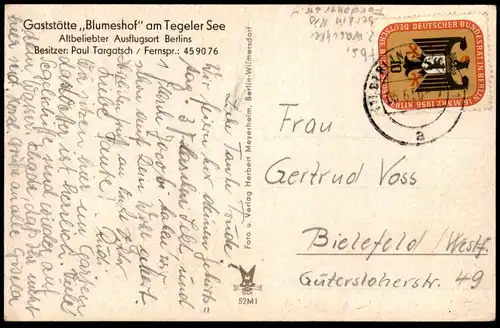 ALTE POSTKARTE BERLIN TEGEL GRUSS VON DER GASTSTÄTTE BLUMESHOF AM TEGELER SEE DAMPFER MONDSCHEIN Ansichtskarte postcard