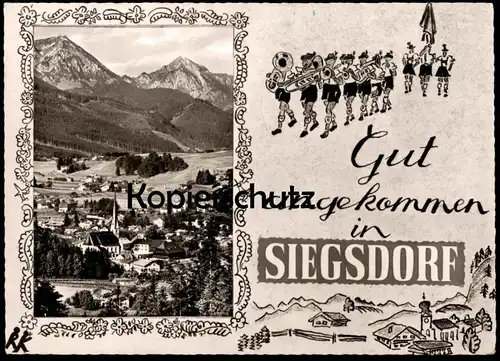 ÄLTERE POSTKARTE GUT ANGEKOMMEN IN SIEGSDORF PANORAMA BLASKAPELLE TUBA POSAUNE Ansichtskarte cpa postcard