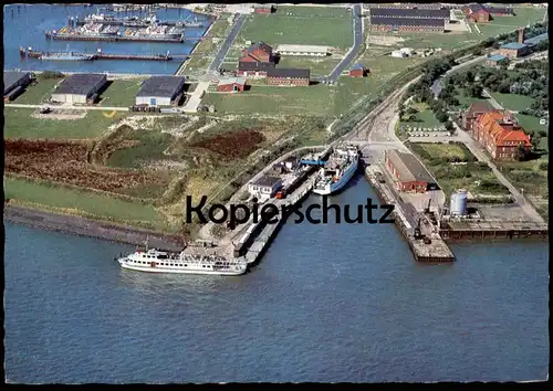 ÄLTERE POSTKARTE BORKUM HAFEN LUFTAUFNAHME BOOT SCHIFF ZUG Boote Schiffe ships boat harbour train Ansichtskarte postcard