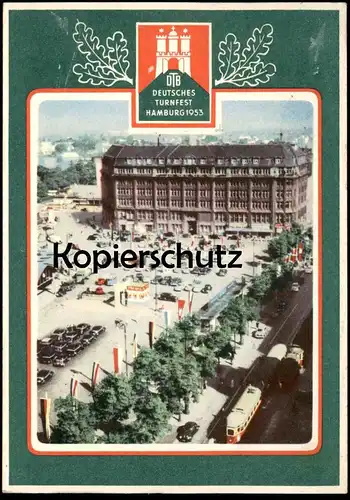 ALTE POSTKARTE HAMBURG DEUTSCHES TURNFEST 1953 DTB STRASSENBAHN PKW AUTO AUTOS FLAGGEN Ansichtskarte AK postcard cpa