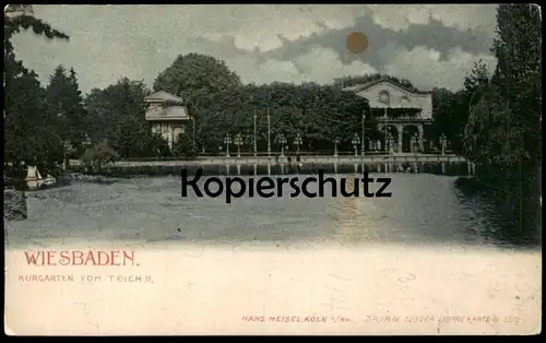ALTE POSTKARTE WIESBADEN KURGARTEN VOM TEICH  GOLDENER MOND MONDSCHEIN VERGOLDET Ansichtskarte AK postcard cpa