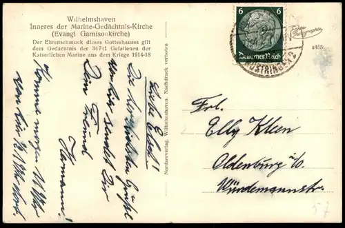 ALTE POSTKARTE WILHELMSHAVEN INNERES DER MARINE-GEDÄCHTNIS-KIRCHE EVANGELISCHE GARNISONSKIRCHE EHRENSCHMUCK AK postcard