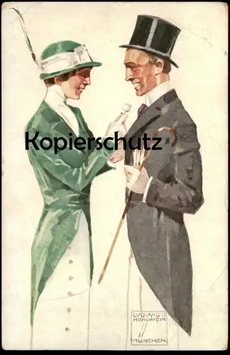 ALTE POSTKARTE LUDWIG HOHLWEIN BAYERISCHER BLUMENTAG OFFIZIELLE POSTKARTE GANZSACHE PAAR MODE ZYLINDER HUT Ansichtskarte
