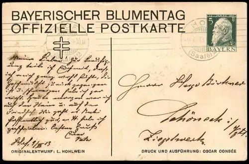 ALTE POSTKARTE LUDWIG HOHLWEIN BAYERISCHER BLUMENTAG OFFIZIELLE POSTKARTE GANZSACHE PAAR MODE ZYLINDER HUT Ansichtskarte