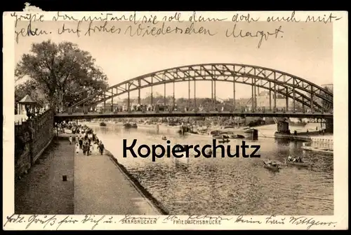ALTE POSTKARTE SAARBRÜCKEN FRIEDRICHSBRÜCKE Brücke Boote Spaziergänger Ansichtskarte AK postcard cpa