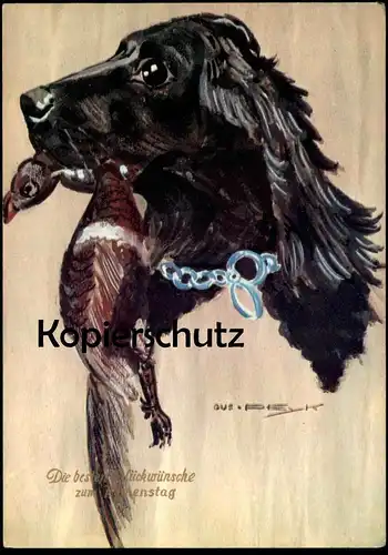 ÄLTERE POSTKARTE APORTIERHUND PEYK GLÜCKWÜNSCHE ZUM NAMENSTAG JAGDHUND JAGD retriever dog chien hunting cpa AK postcard