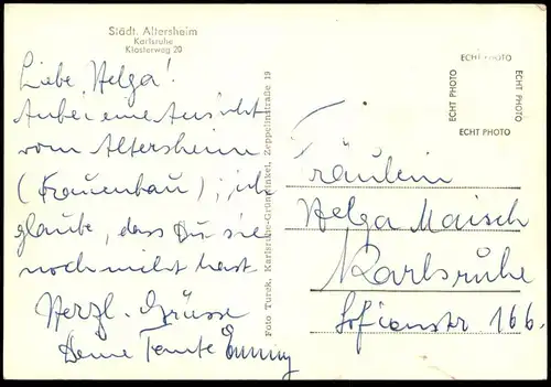 ALTE POSTKARTE KARLSRUHE STÄDTISCHES ALTERSHEIM KLOSTERWEG 20 ALTENHEIM retirement home maison de retraite postcard cpa