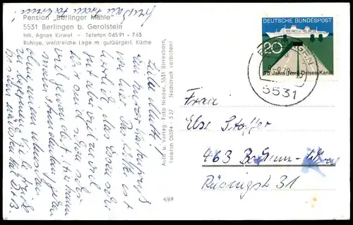 ÄLTERE POSTKARTE BERLINGEN BEI GEROLSTEIN EIFEL PENSION BERLINGER MÜHLE INHABERIN AGNES KIRWEL VW Käfer AK cpa postcard