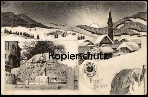 ALTE POSTKARTE OSNABRÜCK PROSIT NEUJAHR HAARMANNSBRUNNEN DAS NEUE JAHR SONNE DAS ALTE JAHR GREIS Ansichtskarte AK cpa