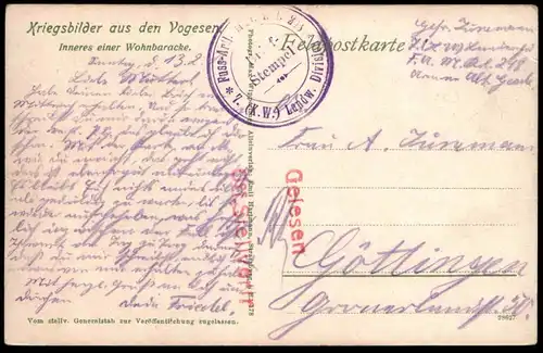 ALTE POSTKARTE MILITÄR KRIEGSBILDER AUS DEN VOGESEN INNERES EINER WOHNBARACKE VOSGES SOLDAT Ansichtskarte postcard cpa