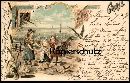 ALTE LITHO POSTKARTE GRUSS STRAND KINDER NORDSEE STEMPEL BÜSUM beach plage postcard Ottmar Zieher Ansichtskarte cpa AK