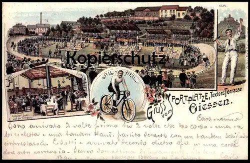 ÄLTERE REPRO REPRODUKTION POSTKARTE GRUSS VOM SPORTPLATZ GIESSEN RAD ALL HEIL TEXTORS TERRASSE LAWN TENNIS AK postcard